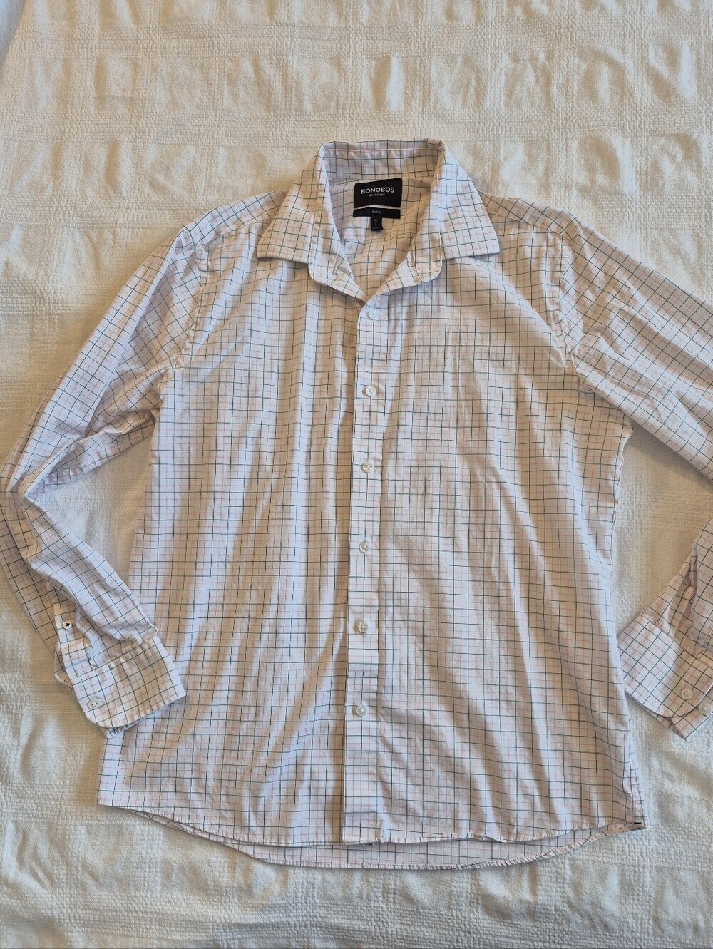 Bonobos men's Large Regular Slim Fit white with pink & gray grid VGUC